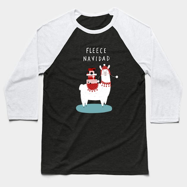 Fleece Navidad Llama with Christmas Presents Baseball T-Shirt by BexMorleyArt